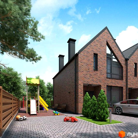 Таунхауси P14 Irpencentre: двоповерхові цегляні будинки з двосхилими дахами та димарями, поруч дитячий майданчик та парковка з автомобілем.