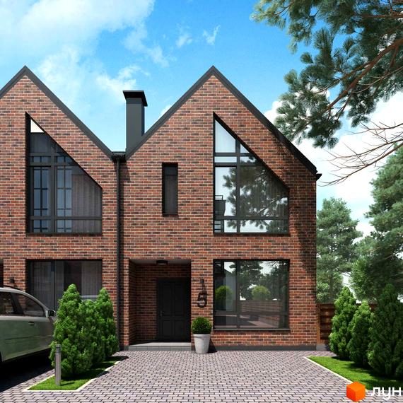 Таунхаус P14 Irpencentre з цегляним фасадом та трикутними вікнами. Перед будинком вимощена доріжка та зелені насадження.