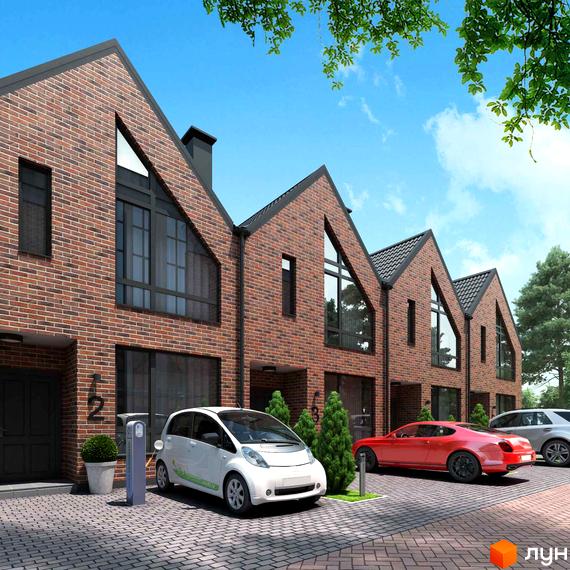 Таунхауси P14 Irpencentre – цегляні будинки з трикутними вікнами та прибудинковою територією з електромобілями.