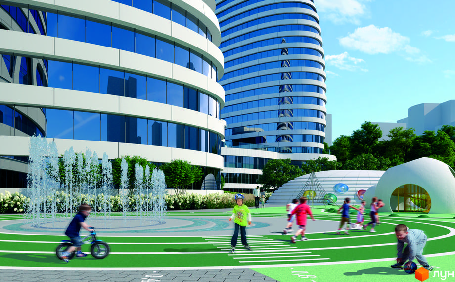 Зображення сторінки житлового комплексу INTERGAL CITY. Високі будівлі з панорамними вікнами. На території дитячий майданчик, фонтан та зелені зони.