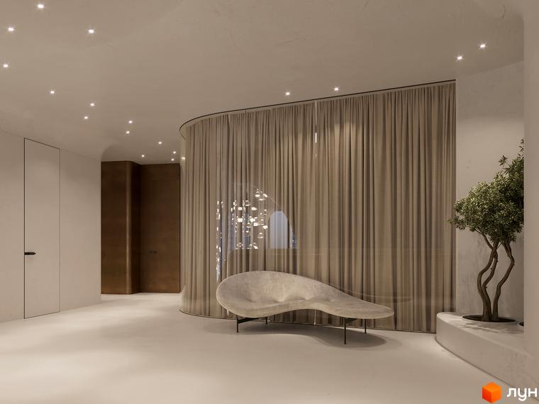Просторий інтер'єр у БФК INTERGAL CITY: світлі стіни, вигнута скляна перегородка з текстилем, зона відпочинку з дизайнерським кріслом та деревом.
