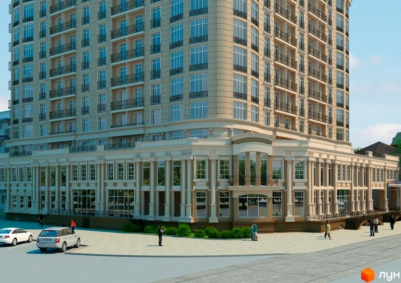 Висотна будівля ЖК Bel'etage з великими вікнами та балконами. На першому поверсі розташовані колони та скляні вітрини, перед будинком парковка та тротуар.