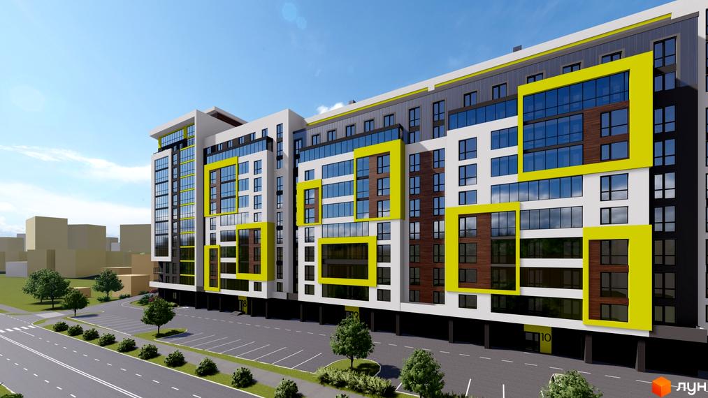 Зображення житлового комплексу Квартал Енергія з фасадом у світлих тонах та жовтими акцентами. На передньому плані – дорога та зелені насадження.