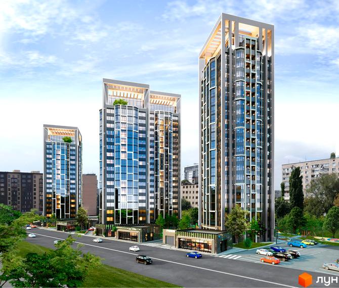 Житловий комплекс Німецький проект на Холодній Горі - три висотні будівлі з панорамними вікнами та паркінг біля дороги.