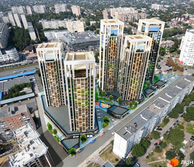 Житловий комплекс Німецький проект на Холодній Горі: сучасні висотні будинки з панорамними вікнами та доглянутою прибудинковою територією.