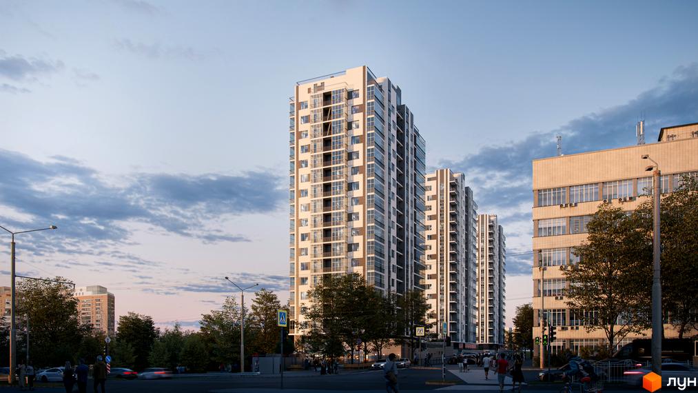 Зображення висотного будинку Житлового комплексу Ключ. На фото видно багатоповерхівку з великими вікнами та балконами, розташовану серед міської забудови.