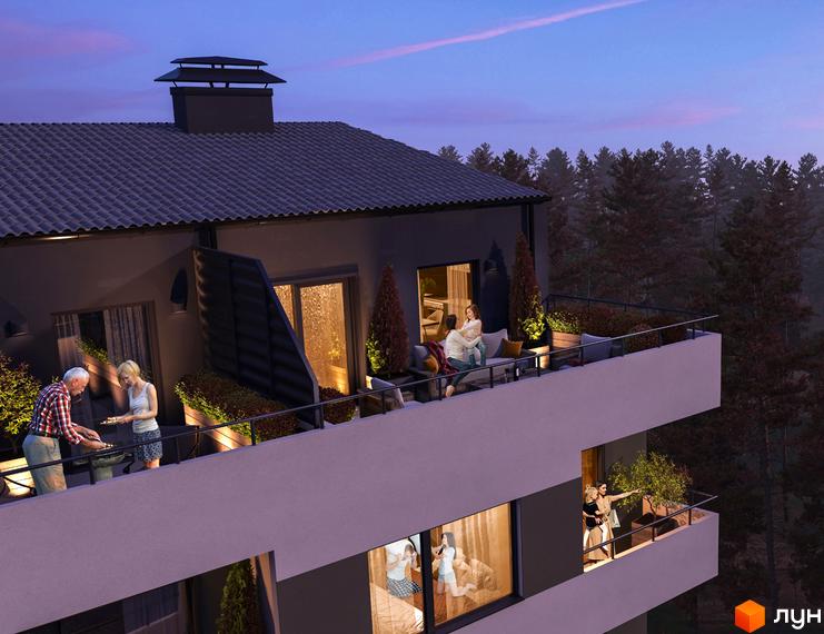 Житловий комплекс Park Town з терасами та панорамними вікнами. На балконах відпочивають люди, навколо будинку зелені насадження.