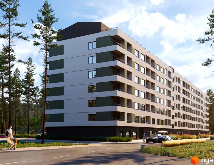 Багатоповерховий будинок ЖК Park Town з великими вікнами та балконами. На території комплексу є парковка та зелені насадження.