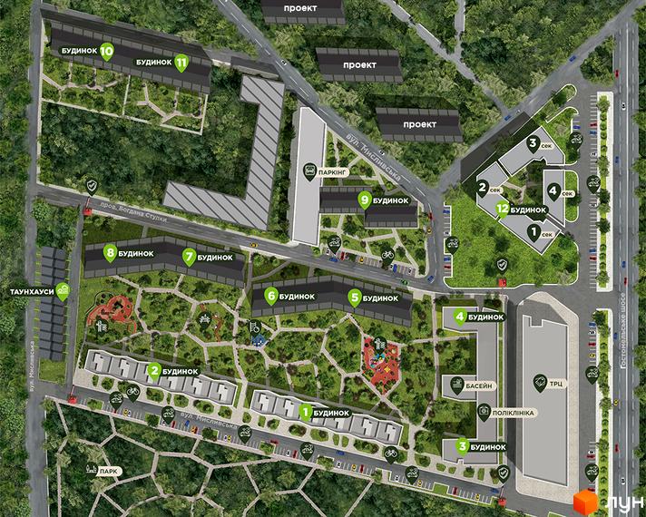 Планування території ЖК Park Town. Зображення показує розташування будинків, паркінгу, дитячих майданчиків та зон відпочинку. На території комплексу також є басейн та поліклініка.