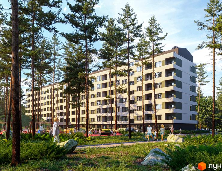 Багатоповерховий будинок ЖК Park Town серед лісу. На території комплексу є дитячий майданчик та зелена зона для відпочинку.