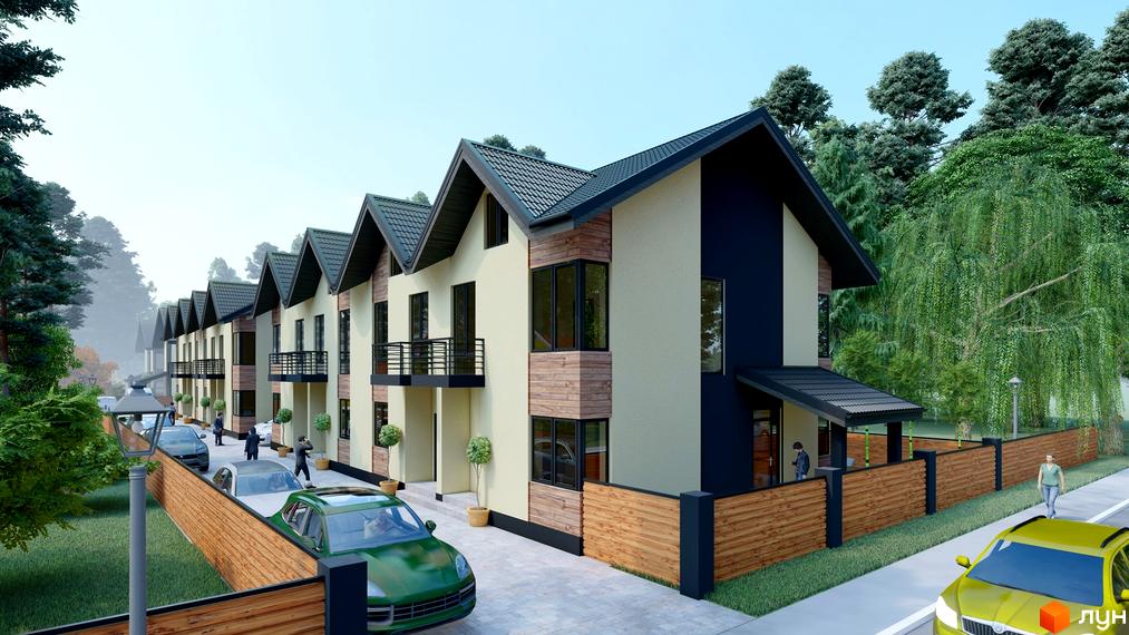 Зовнішній вигляд котеджного містечка КМ Admiral Park Debut з сучасними фасадами та акуратними подвір'ями. На території розташовані автомобілі та зелені насадження.