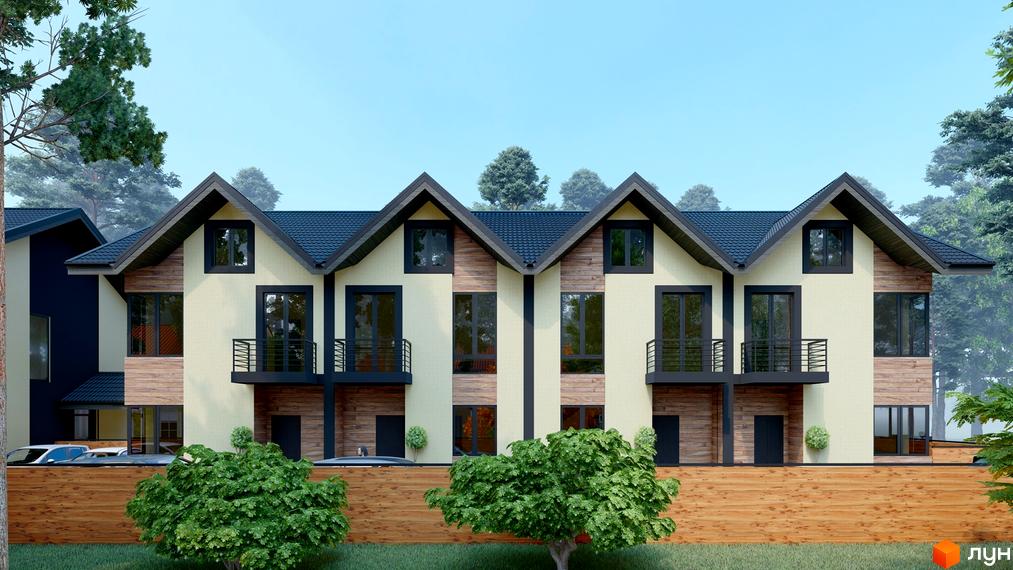 Котеджне містечко Admiral Park Debut: фасади будинків з темним дахом та світлими стінами, дерев'яними елементами та балконами. Прибудинкова територія з зеленими насадженнями та дерев'яним парканом.