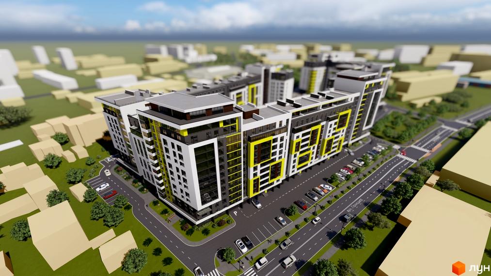 Висотна новобудова з білими та жовтими фасадами. На території є парковка, зелені насадження та дорога з розміткою.