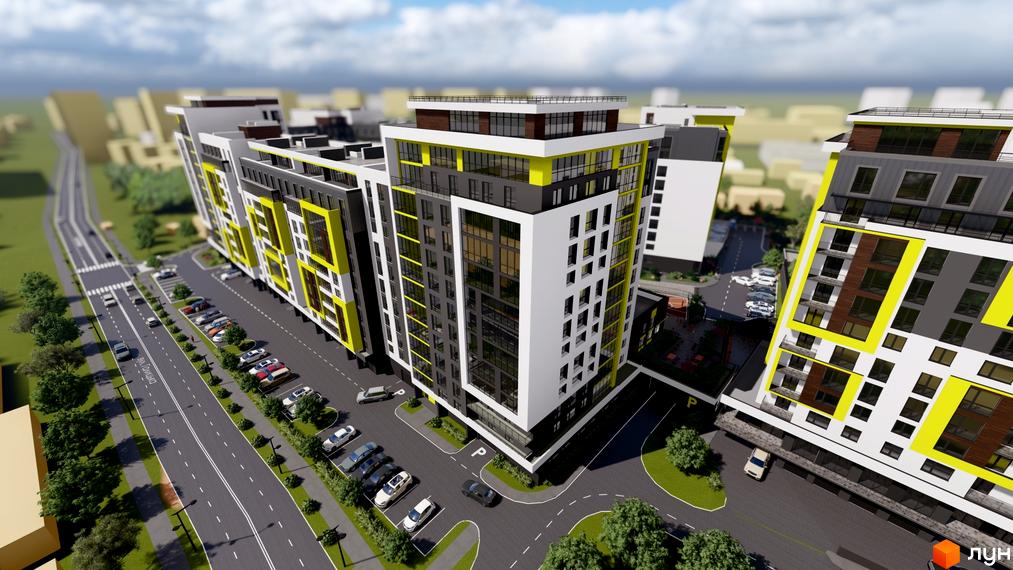 Висотна новобудова з білими, чорними та жовтими фасадами. На прибудинковій території є парковка, зелені насадження та дорога.