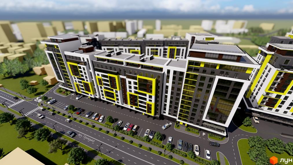 Висотна новобудова з фасадом у сіро-білих тонах з жовтими вставками. На прибудинковій території є парковка, зелені насадження та дорога.