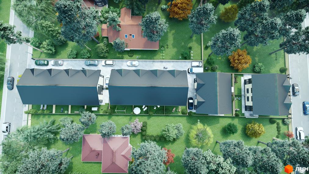 Вид згори на котеджне містечко КМ Admiral Park Debut з акуратними будинками та зеленою прибудинковою територією. На території розташовані автомобілі та зони відпочинку.