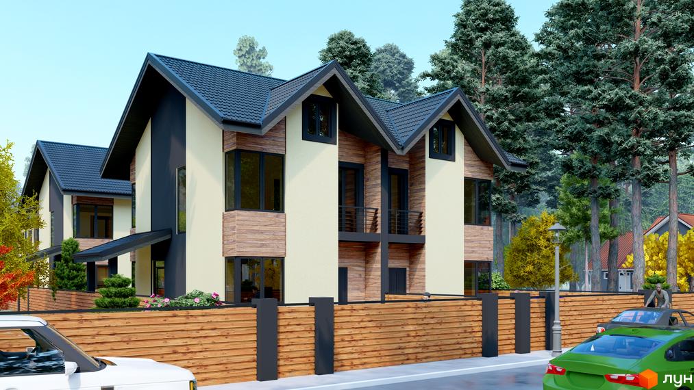 Котеджний комплекс КМ Admiral Park Debut з дерев'яним фасадом та темним дахом на фоні зелених дерев. На прибудинковій території розташований дерев'яний паркан та зелений автомобіль.