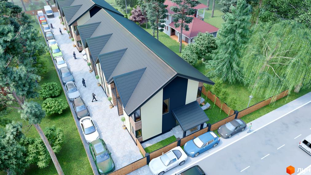 Котеджний комплекс КМ Admiral Park Debut з сучасними фасадами та акуратною прибудинковою територією з паркуванням та зеленими зонами.