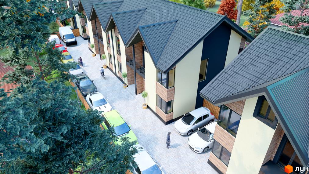 Зовнішній вигляд будинків котеджного містечка Admiral Park Debut з паркуванням та деревами. Сучасна архітектура та доглянута прибудинкова територія.