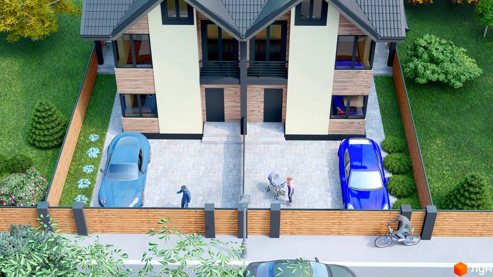 Котеджне містечко КМ Admiral Park Debut: двоповерхові будинки з дерев'яними елементами та доглянутою прибудинковою територією з автомобілями та зеленими насадженнями.