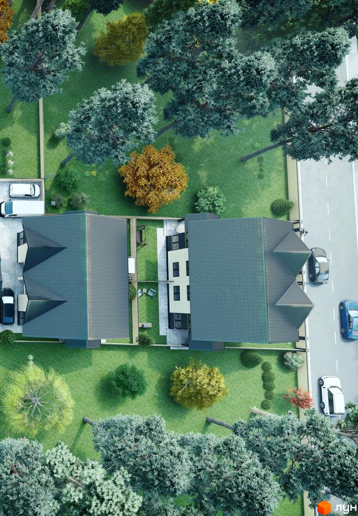 КМ Admiral Park Debut - вид зверху на двоповерхові будинки з сірими дахами та доглянутою прибудинковою територією з деревами та газоном.