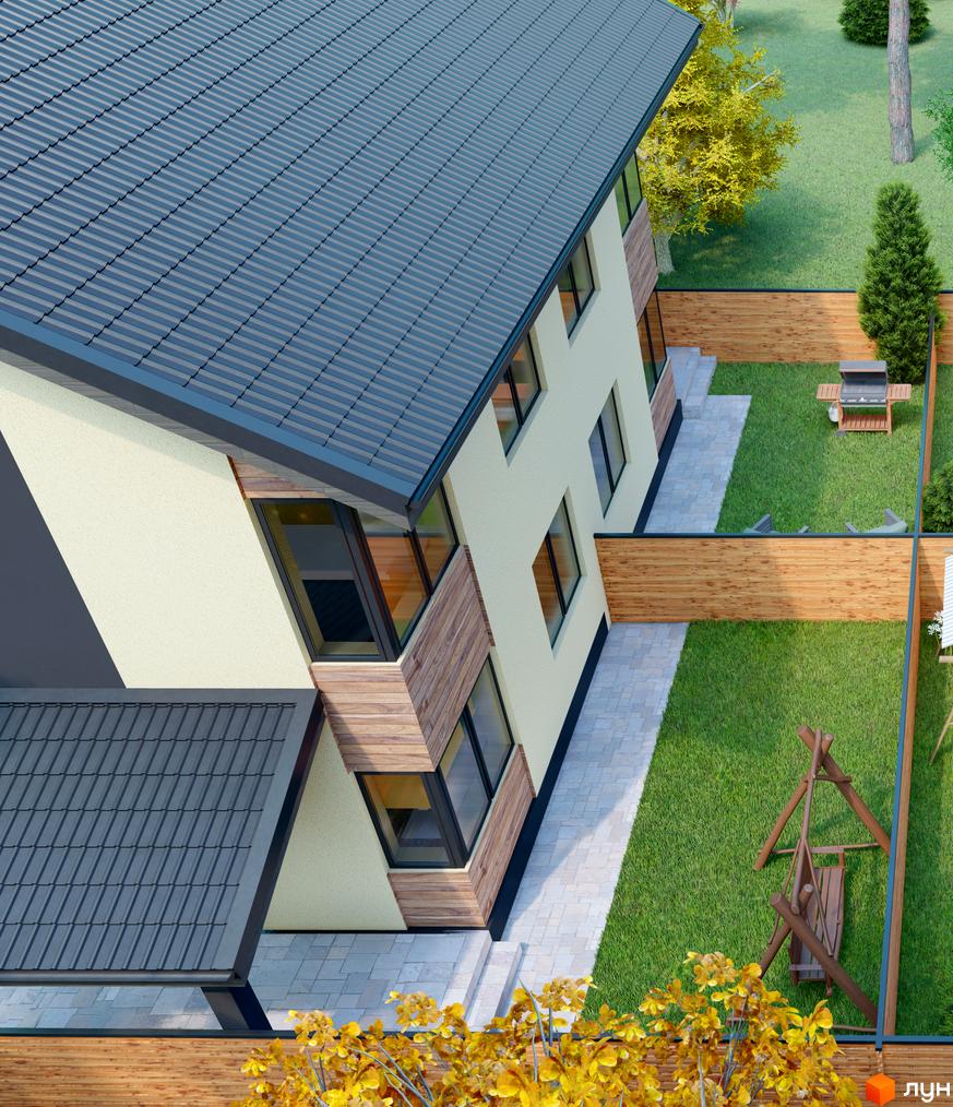 Котеджне містечко КМ Admiral Park Debut з сірим дахом та світлими стінами, огородженою територією та зоною для відпочинку з гойдалкою.