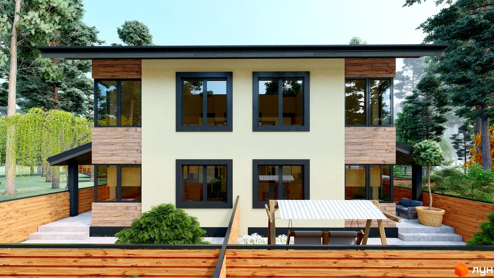 Котеджне містечко КМ Admiral Park Debut. Зовнішній вигляд двоповерхового будинку з дерев'яними елементами та великими вікнами, прибудинкова територія з деревами та зоною відпочинку.