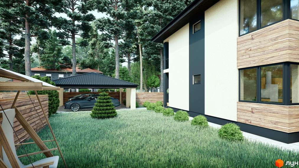 КМ Admiral Park Debut – це сучасна новобудова з дерев'яним оздобленням та великими вікнами, розташована серед зелених насаджень з доглянутим газоном та навісом для авто.