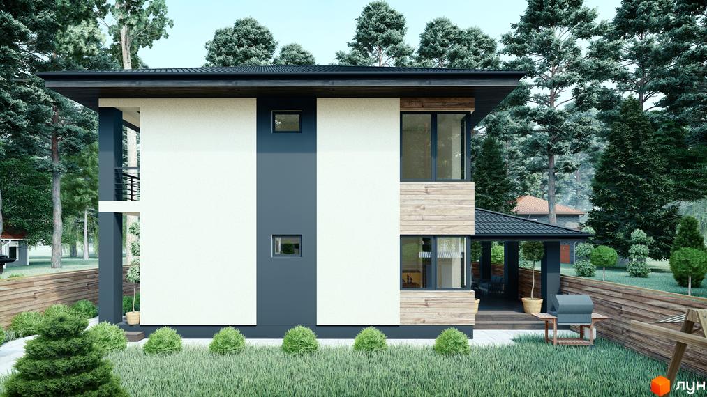 КМ Admiral Park Debut: двоповерховий будинок з білою та сірою штукатуркою, дерев'яними елементами та великими вікнами, оточений зеленню та парканом.