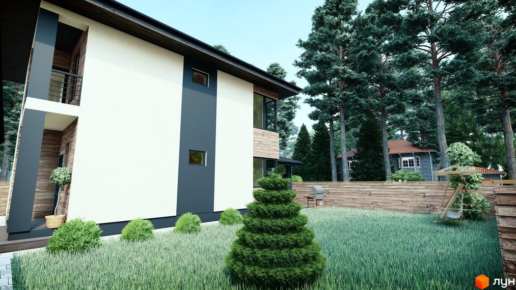 Котеджне містечко Admiral Park Debut: двоповерховий будинок з білою та сірою обробкою, дерев'яними елементами та балконом, на тлі зеленого двору з деревами та гойдалкою.