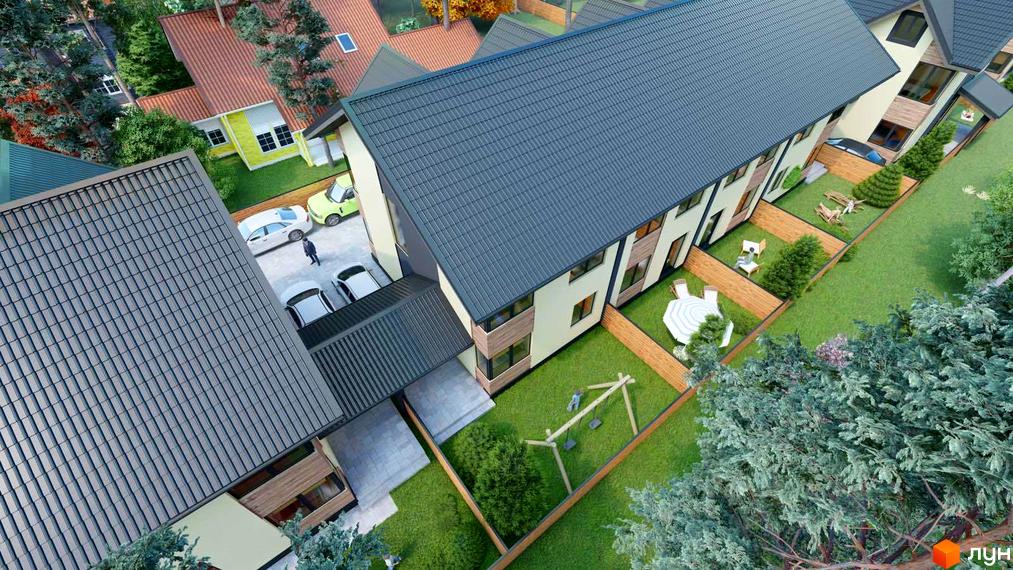 Котеджне містечко Admiral Park Debut: двоповерхові будинки з сірими дахами та світлими фасадами, приватні дворики з зонами відпочинку та дитячими майданчиками.