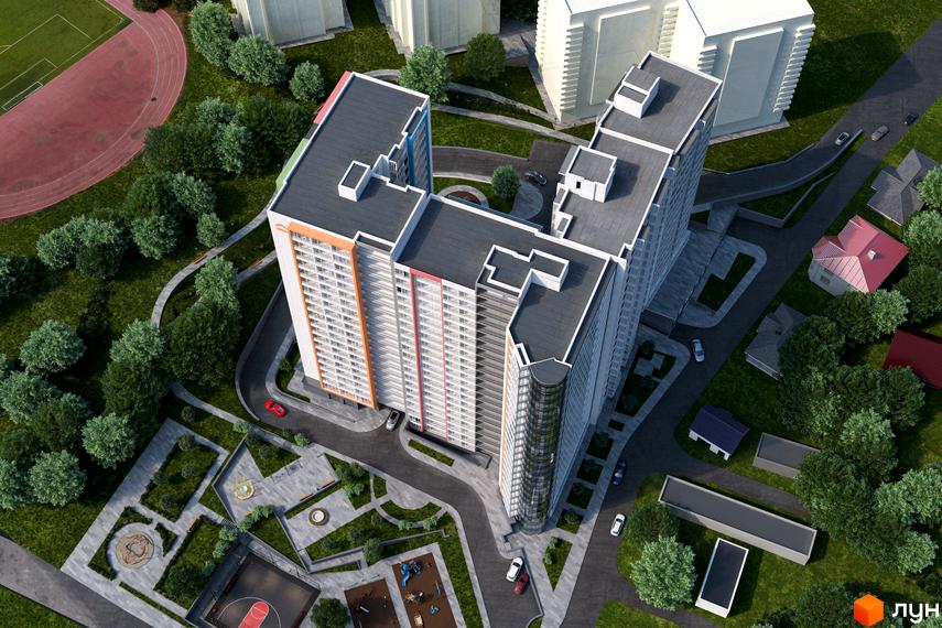 Висотна новобудова ЖК Акварель-3 з панорамним склінням та прибудинковою територією з алеями, дитячим майданчиком, спортивним майданчиком та паркуванням.