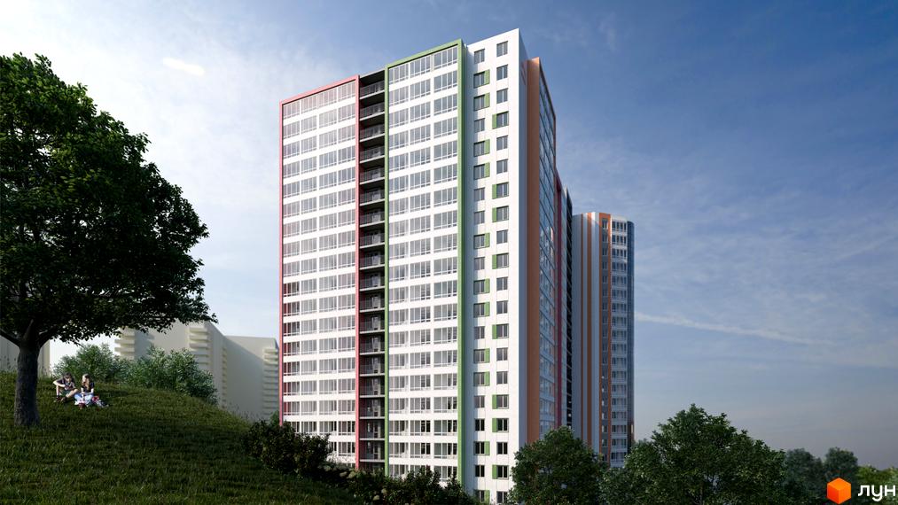Висотна будівля ЖК Акварель-3 з білими стінами, кольоровими вставками та великою кількістю вікон. На передньому плані зелена трава та дерева.