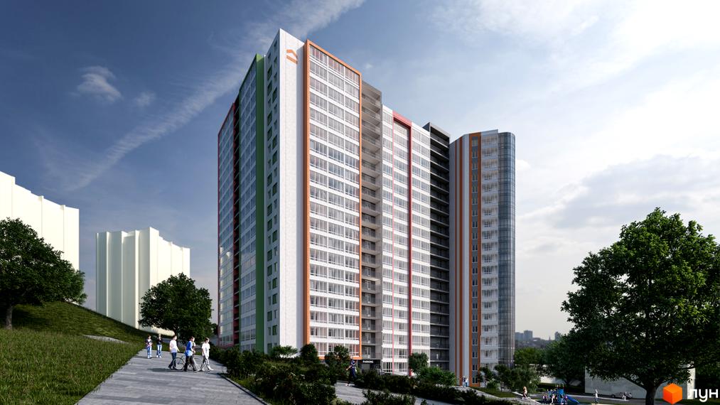 Висотна новобудова ЖК Акварель-3 з великою кількістю вікон, поруч зелена зона з деревами та пішохідною доріжкою, на території дитячий майданчик.