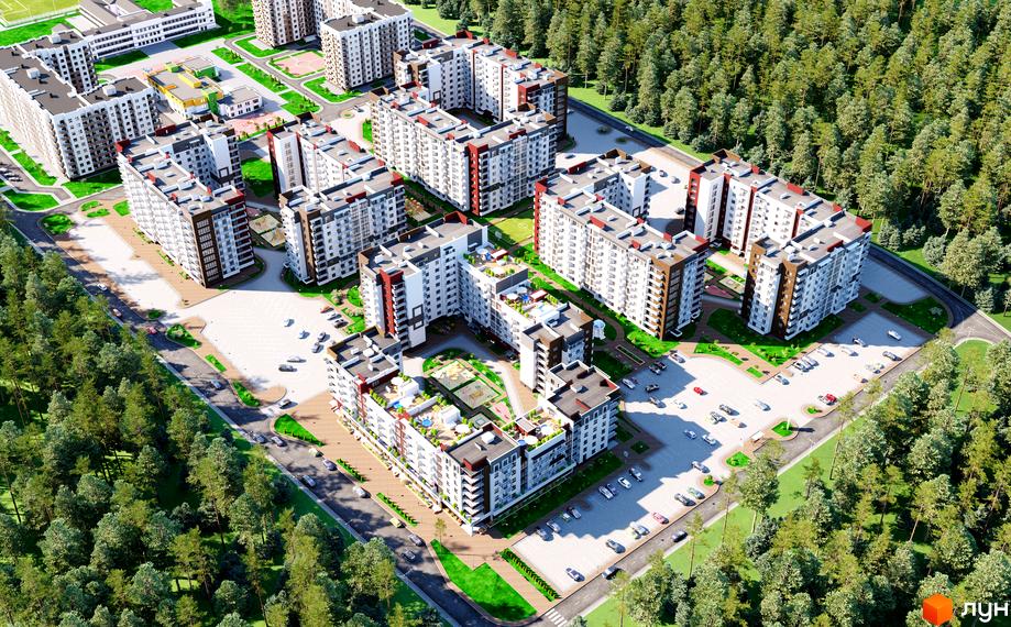 Парковий Квартал: комплекс багатоповерхових будинків з червоними та білими фасадами, розташований біля зеленого лісу. Прибудинкова територія включає парковку та дитячі майданчики.