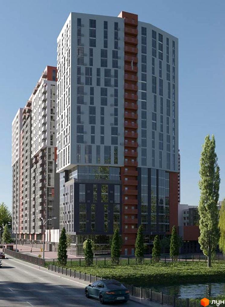 Житловий комплекс BonAparte з сірими та білими фасадами, червоними акцентами та скляними елементами. Навколо комплексу зелена зона з деревами та дорогою.