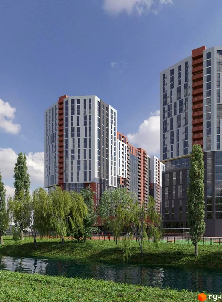 Житловий комплекс BonAparte – це сучасна новобудова з фасадами білого та сірого кольору з червоними елементами, розташована біля водойми та зеленої зони з деревами.