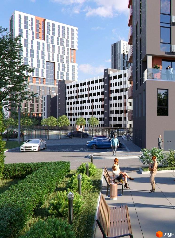 Житловий комплекс BonAparte з багатоповерховими будинками та паркінгом, прибудинкова територія з ландшафтним дизайном та місцями для відпочинку.