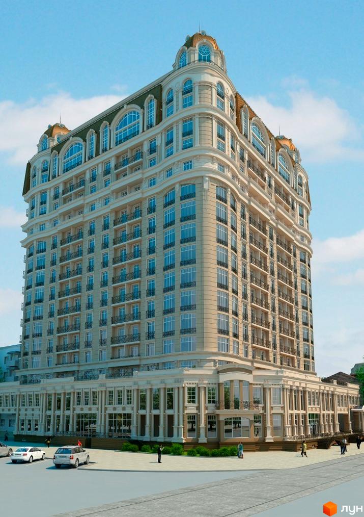 Висотна будівля ЖК Бельетаж з великою кількістю вікон та балконів. На прибудинковій території є парковка для автомобілів та тротуари для пішоходів.