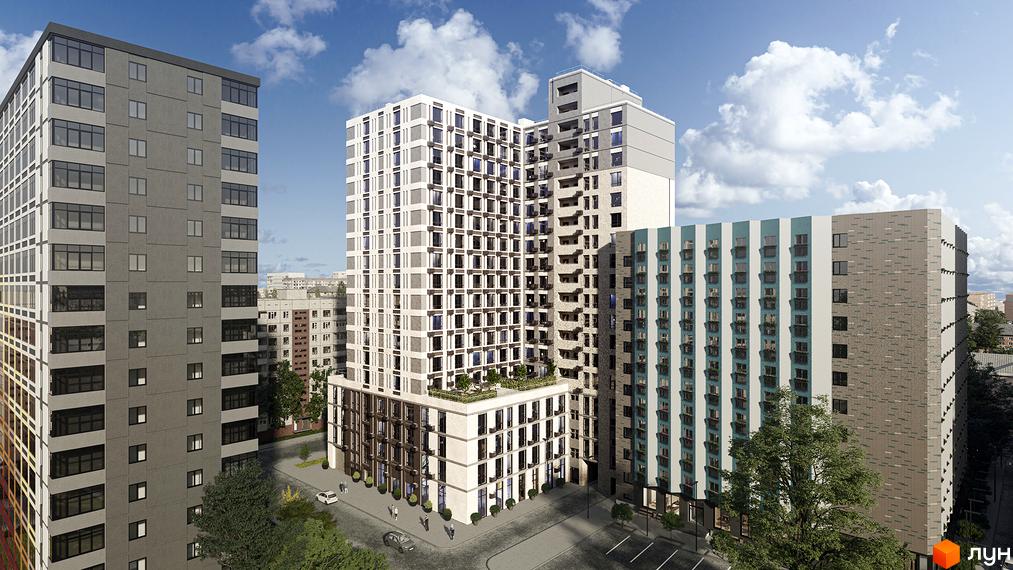 Житловий комплекс Urban One Naukova Apartments - це сучасна новобудова з різнокольоровими фасадами та великою кількістю вікон. Навколо комплексу розташовані дерева та доглянута прибудинкова територія.