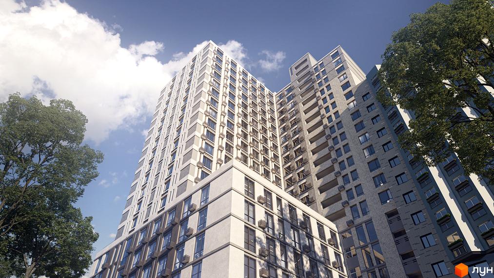 Зовнішній вигляд новобудови ЖК Urban One Naukova Apartments з вікнами та балконами на фоні блакитного неба та дерев. Комплекс має білу та сіру цегляну обробку.