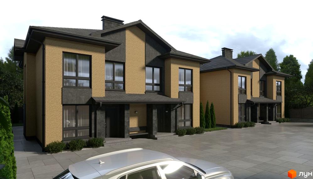 Дуплекси Карамель Сіті – двоповерхові будинки з жовтим та сірим фасадом, розташовані на брукованій території з зеленими насадженнями.