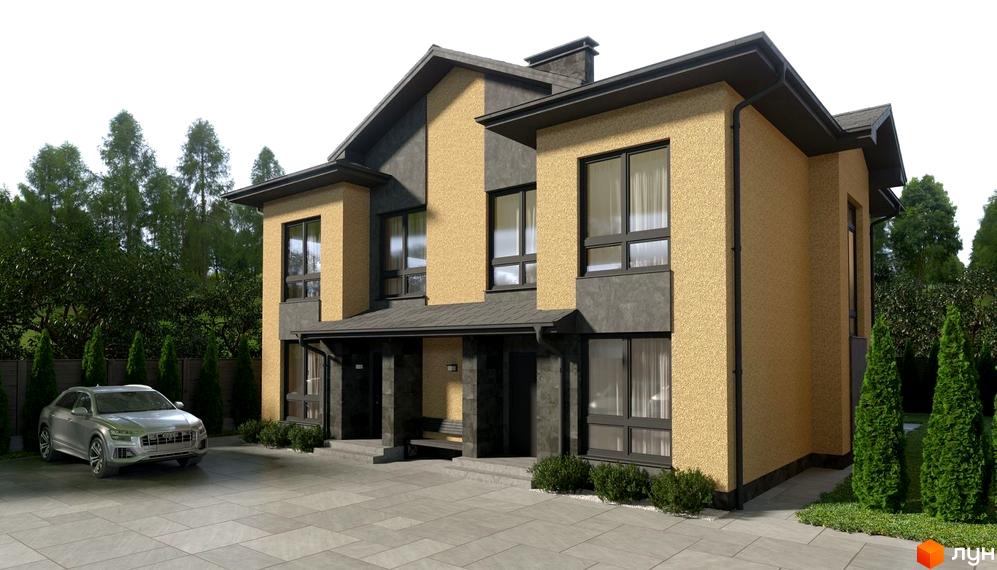 Сучасний дуплекс Карамель Сіті з великими вікнами та парканом, поруч припаркований сріблястий автомобіль.