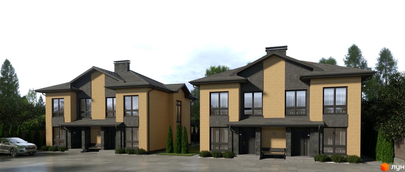Двоповерхові дуплекси Карамель Сіті з жовтим та сірим фасадом, вікнами та прибудинковою територією з деревами та паркуванням. Огляд новобудови.