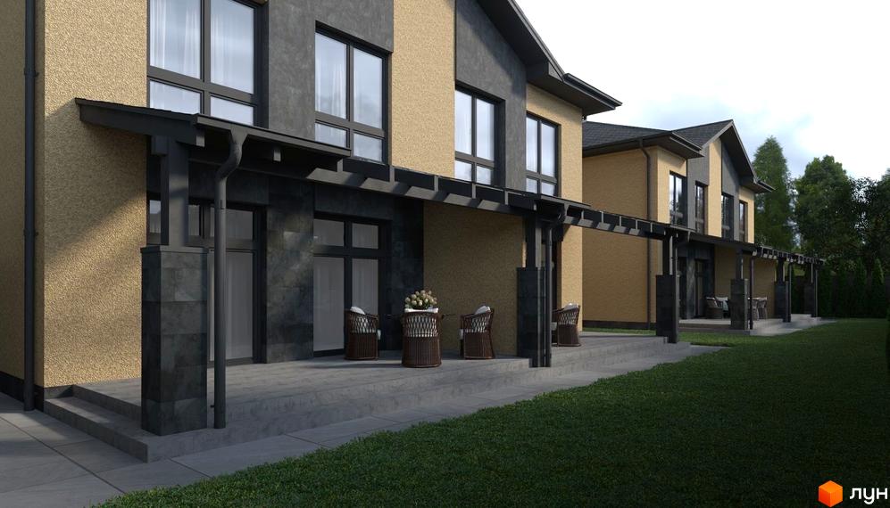 Дуплекси Caramel City з терасою та газоном. Зовнішній вигляд будинків з текстурою стін та темними вікнами.