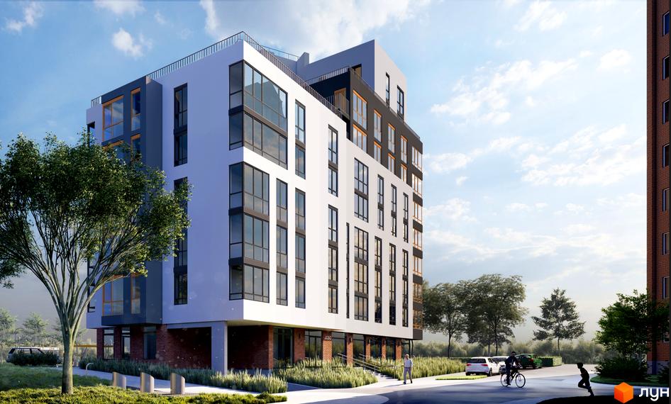 Сучасна новобудова в Києві з панорамними вікнами та зеленою прибудинковою територією. Зовнішній вигляд будинку вражає своєю геометричністю та контрастними кольорами.