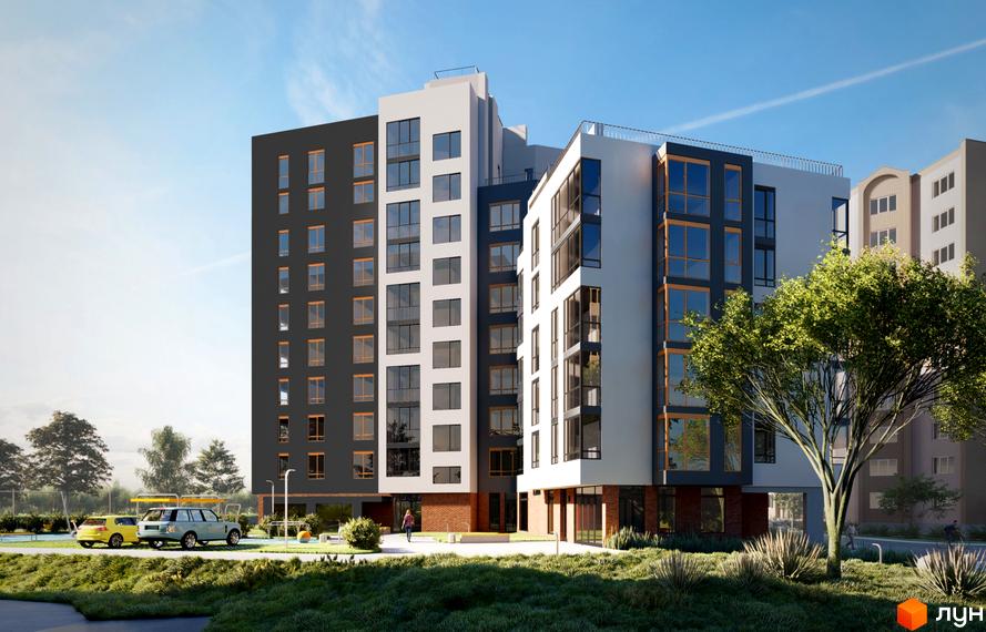 Сучасний житловий комплекс у Києві з багатоповерховими будинками сірого та білого кольору, великими вікнами та доглянутою прибудинковою територією з деревами та автомобілями.