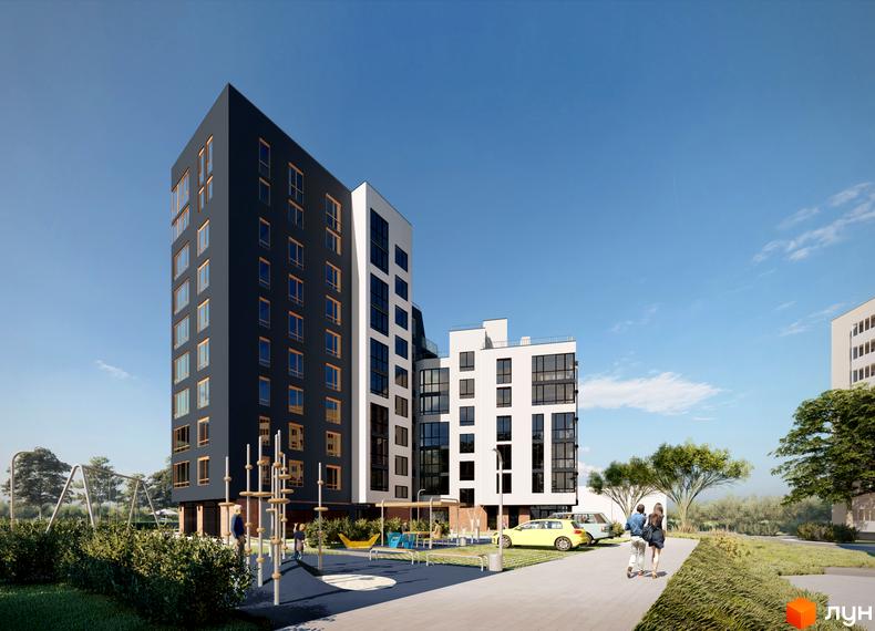 Зовнішній вигляд житлового комплексу в Києві з темною та білою частинами, дитячим майданчиком та зеленими зонами. Сучасна архітектура новобудови та прибудинкова територія.