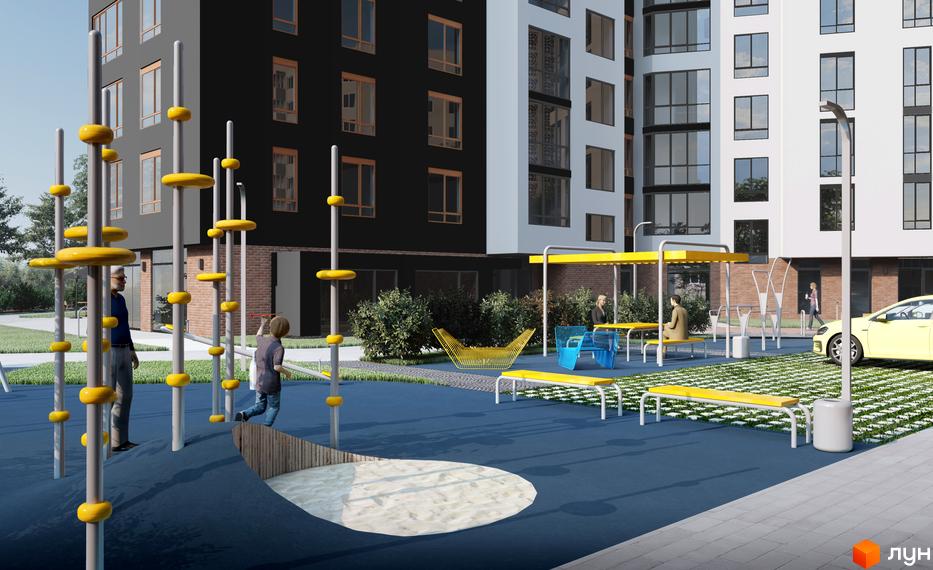 Зовнішній вигляд новобудови ЖК Київ з дитячим майданчиком та зоною відпочинку. Сучасна архітектура та облаштована прибудинкова територія.