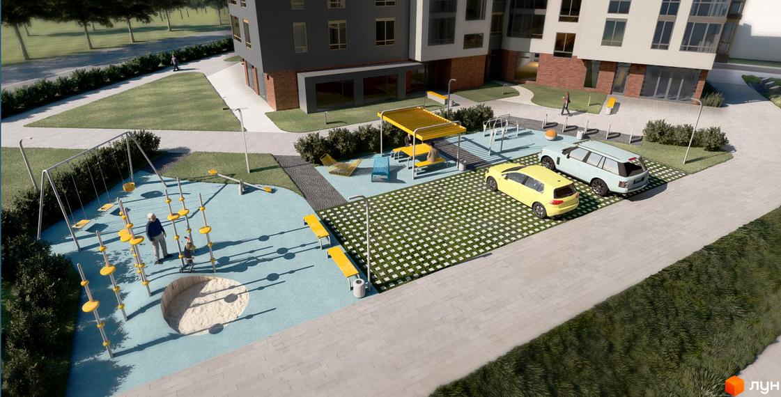 Новобудова ЖК Київ з дитячим майданчиком, місцями для відпочинку та парковкою. Сучасний житловий комплекс із зеленою зоною та ігровими елементами.